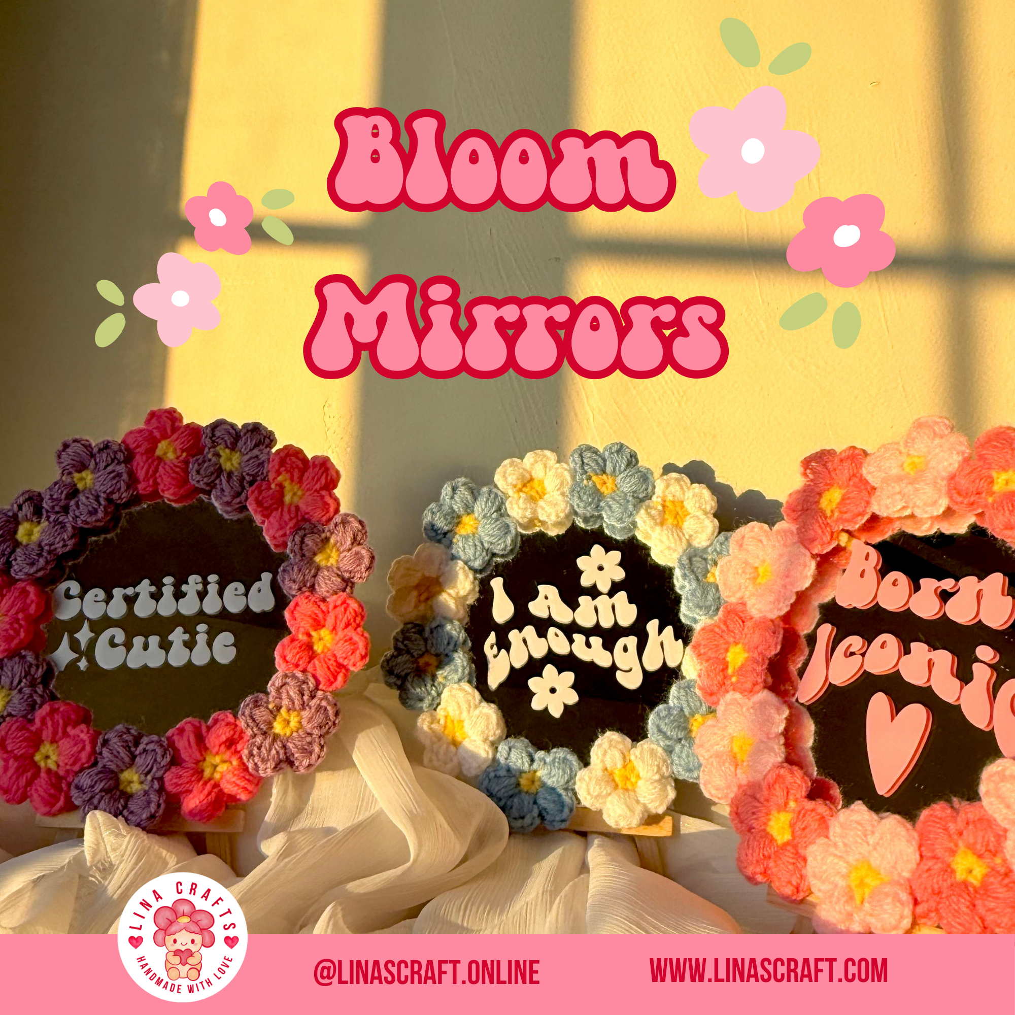Bloom Mirror – Handmade Floral Self-Love Mirror | 6x6 Crochet Flower Decor