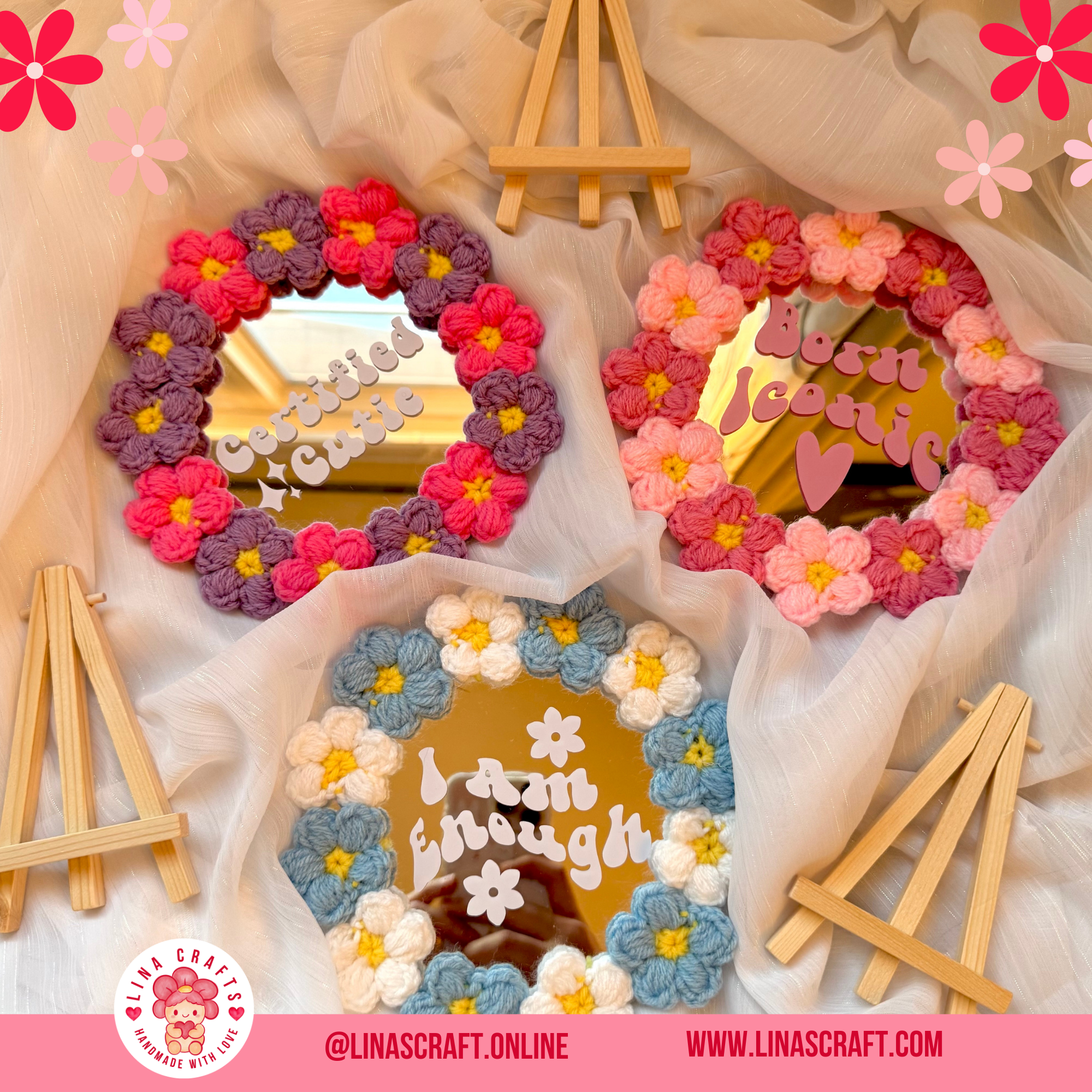 Bloom Mirror – Handmade Floral Self-Love Mirror | 6x6 Crochet Flower Decor