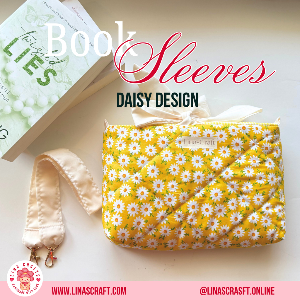 DAISY DESIGN Quilted Book Sleeve Bag, Reversible Book Cover with Handle, Daisy Aesthetic Book Lover Gift, Handmade Reader Accessory