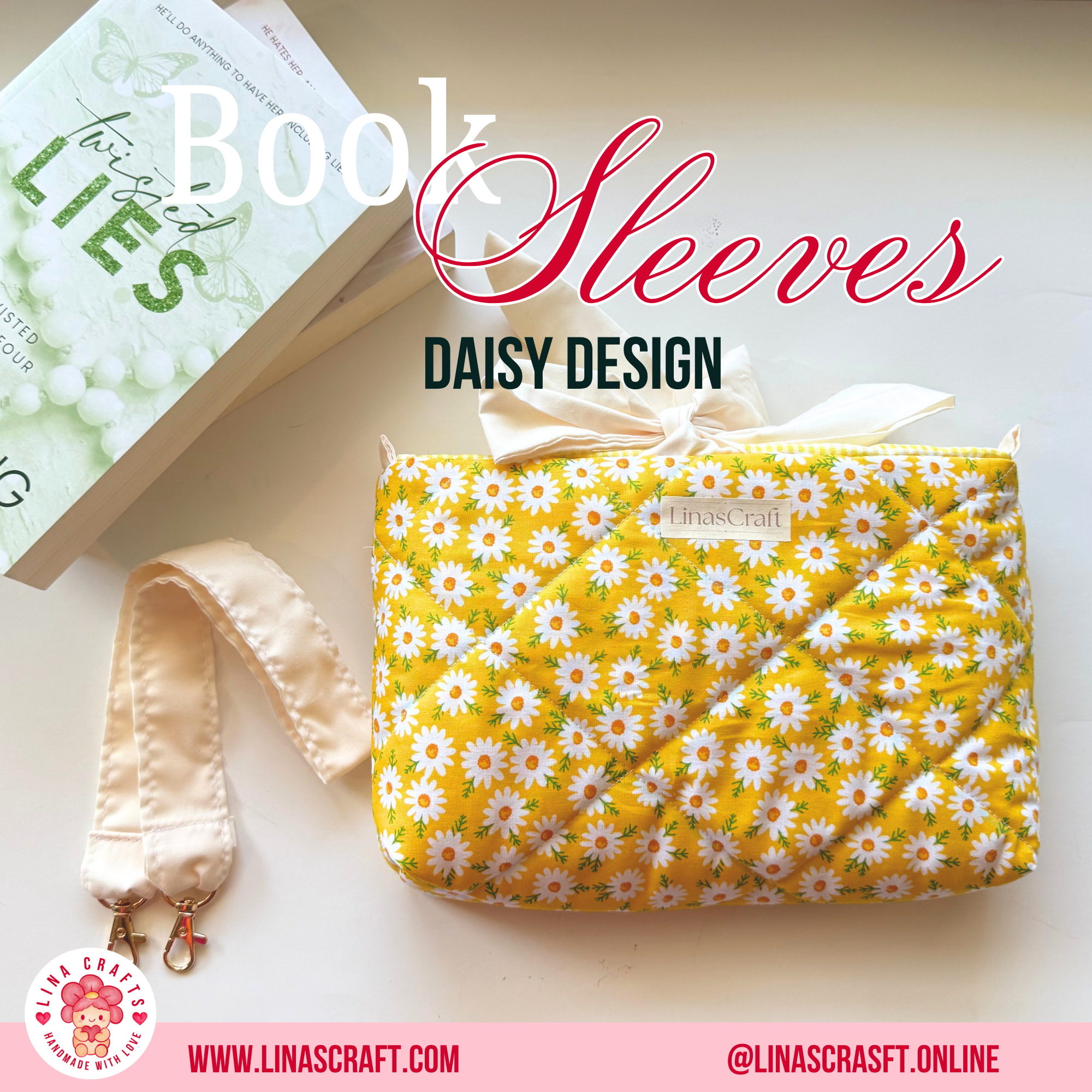 DAISY DESIGN Quilted Book Sleeve Bag, Reversible Book Cover with Handle, Daisy Aesthetic Book Lover Gift, Handmade Reader Accessory