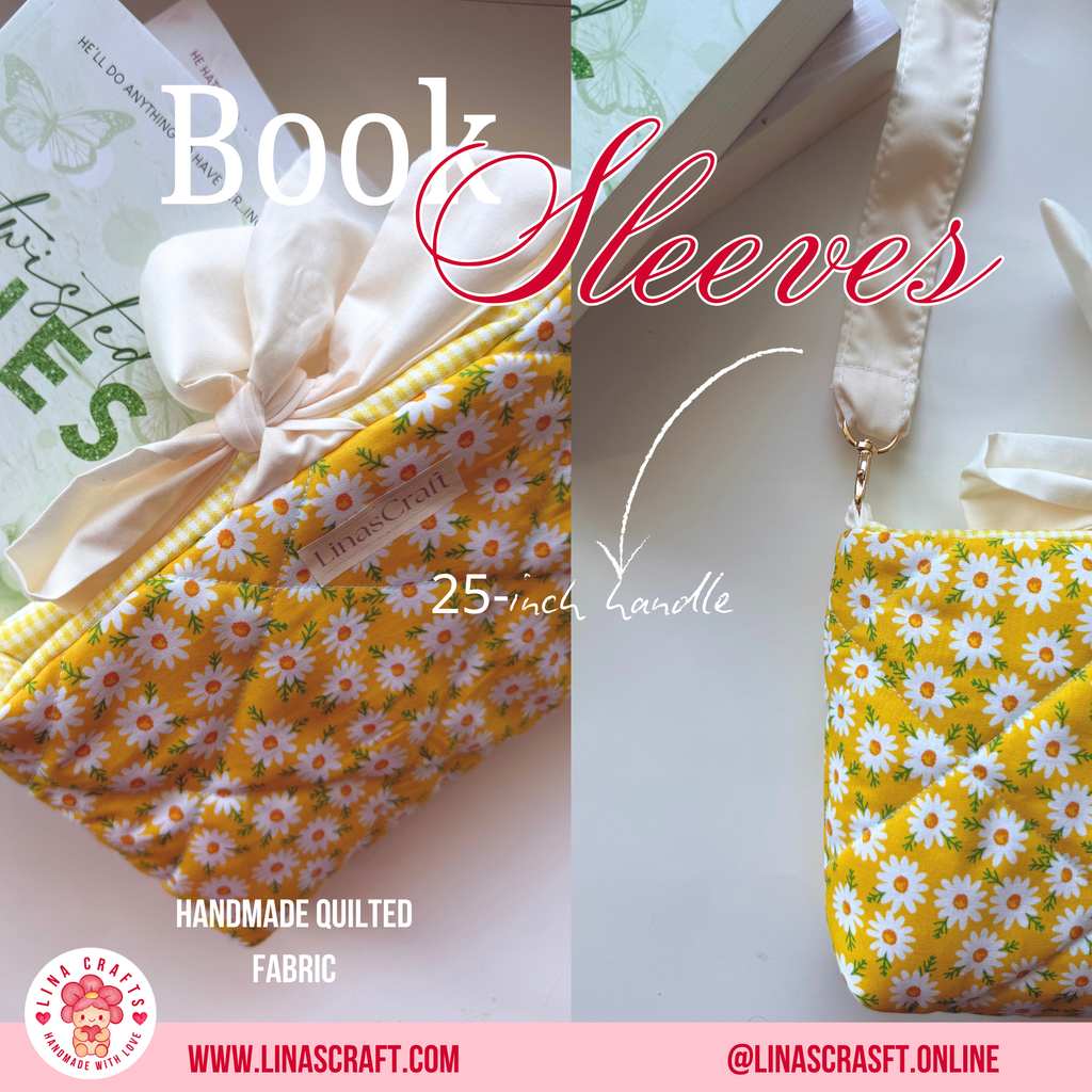 DAISY DESIGN Quilted Book Sleeve Bag, Reversible Book Cover with Handle, Daisy Aesthetic Book Lover Gift, Handmade Reader Accessory