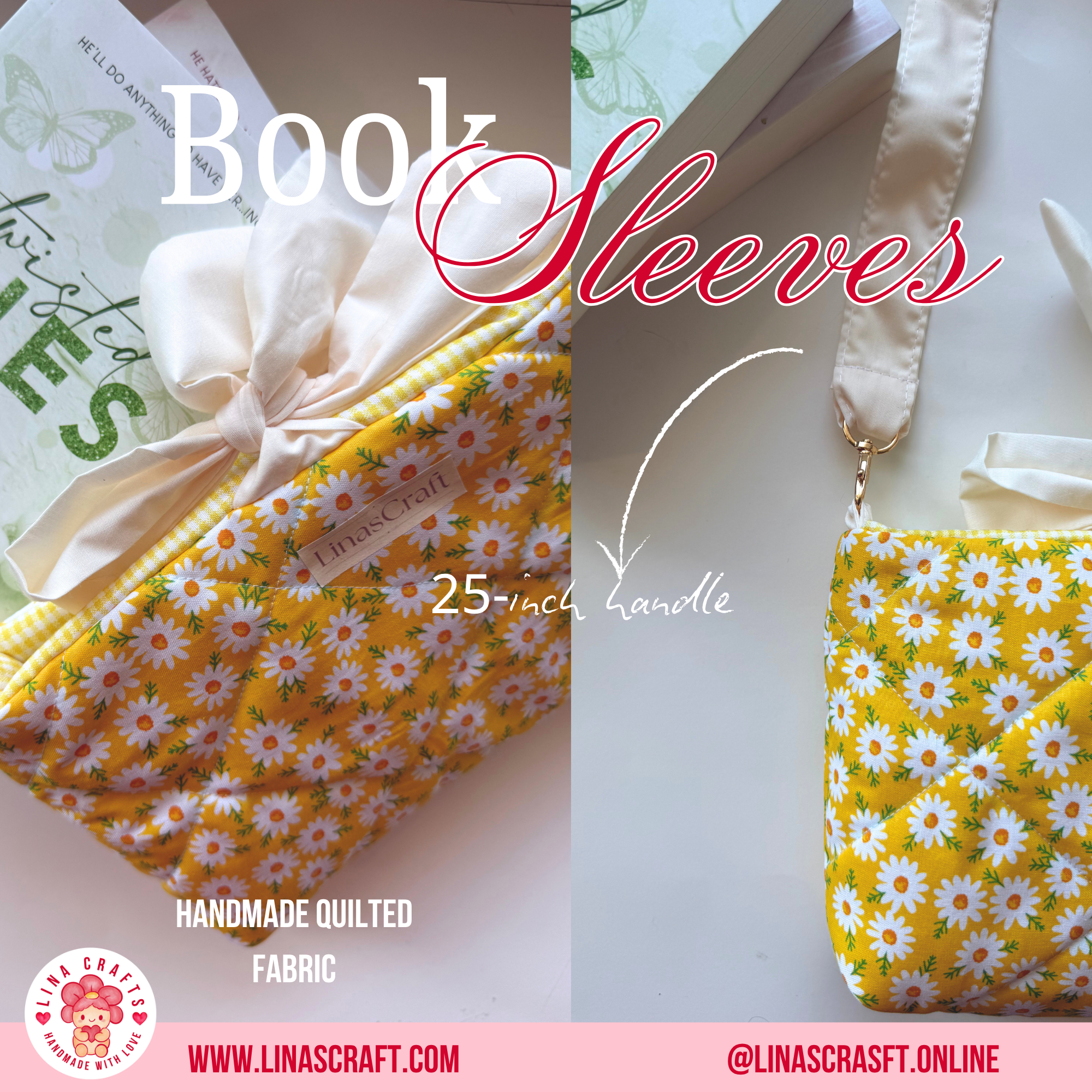 DAISY DESIGN Quilted Book Sleeve Bag, Reversible Book Cover with Handle, Daisy Aesthetic Book Lover Gift, Handmade Reader Accessory