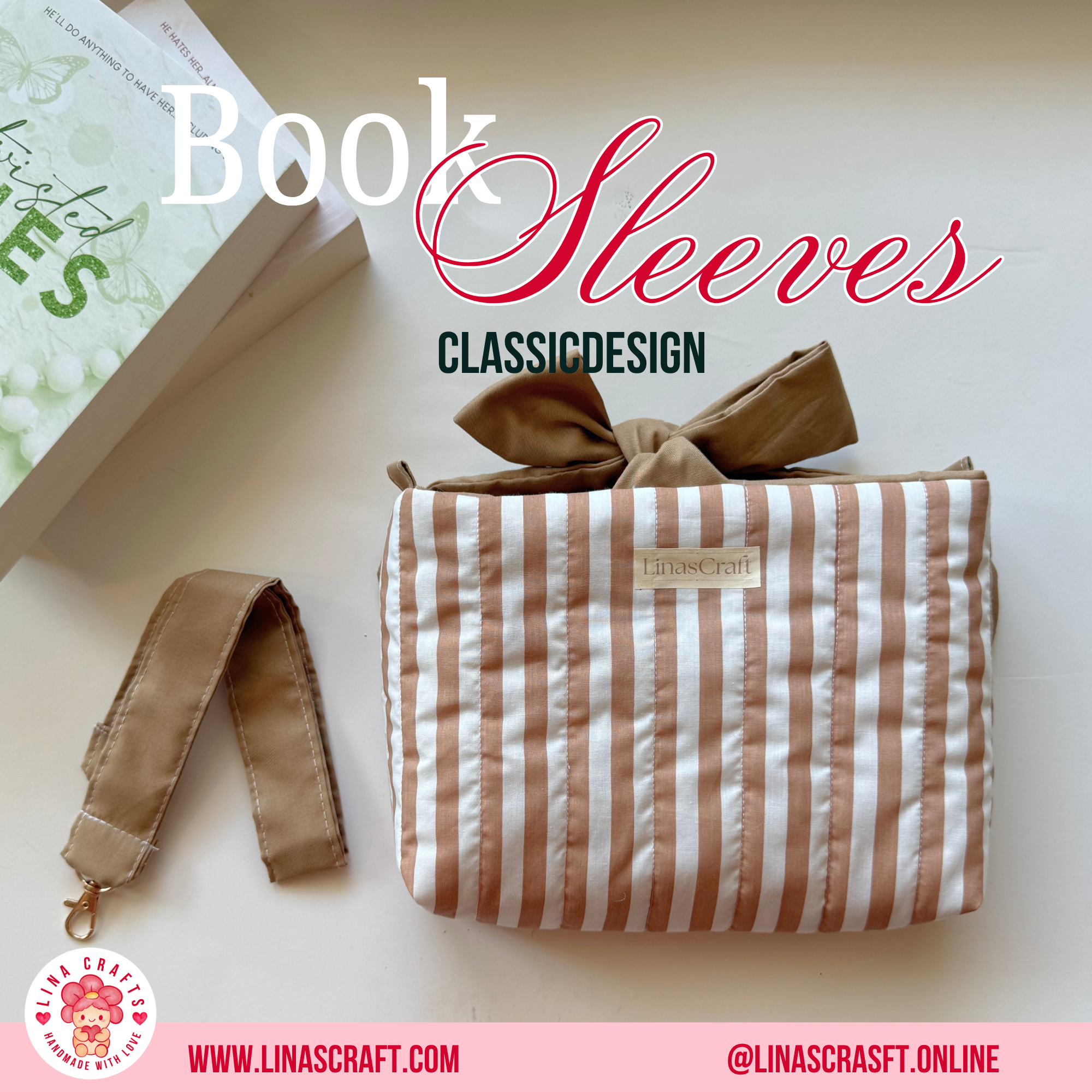 CLASSIC DESIGN Quilted Book Sleeve Bag, Reversible Book Cover with Handle, Minimal Aesthetic Book Lover Gift, Handmade Reader Accessory