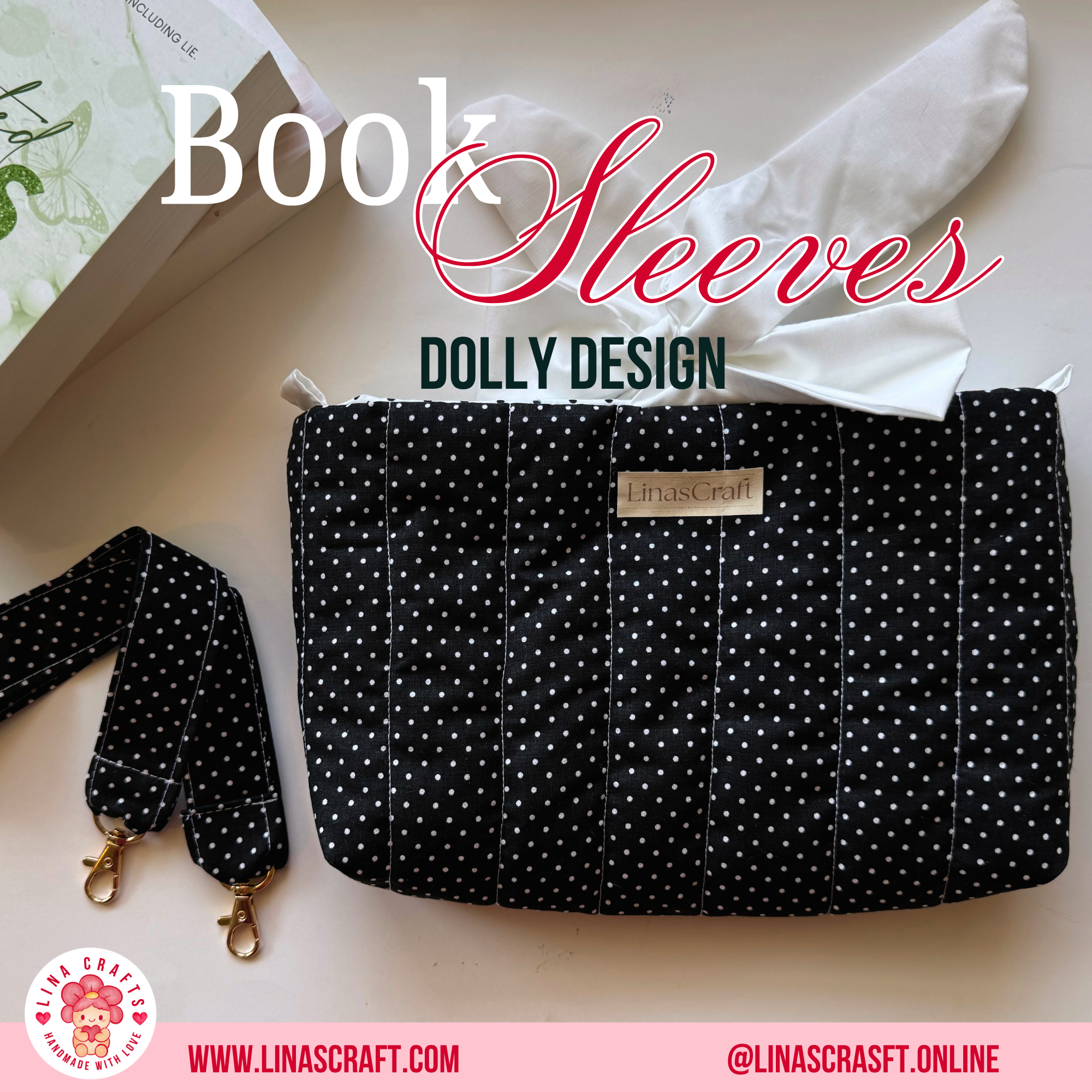 DOLLY DESIGN Quilted Book Sleeve Bag, Reversible Book Cover with Handle, Cute Aesthetic Book Lover Gift, Handmade Reader Accessory