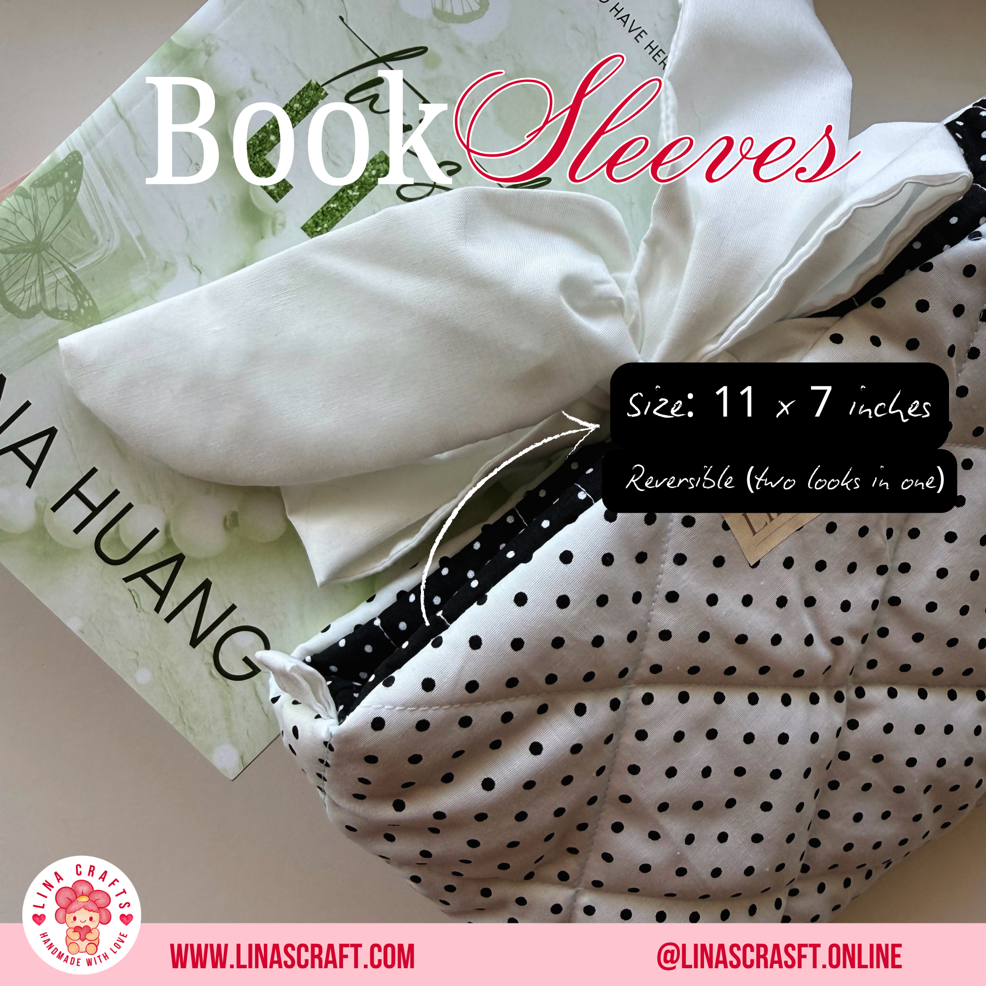 DOLLY DESIGN Quilted Book Sleeve Bag, Reversible Book Cover with Handle, Cute Aesthetic Book Lover Gift, Handmade Reader Accessory
