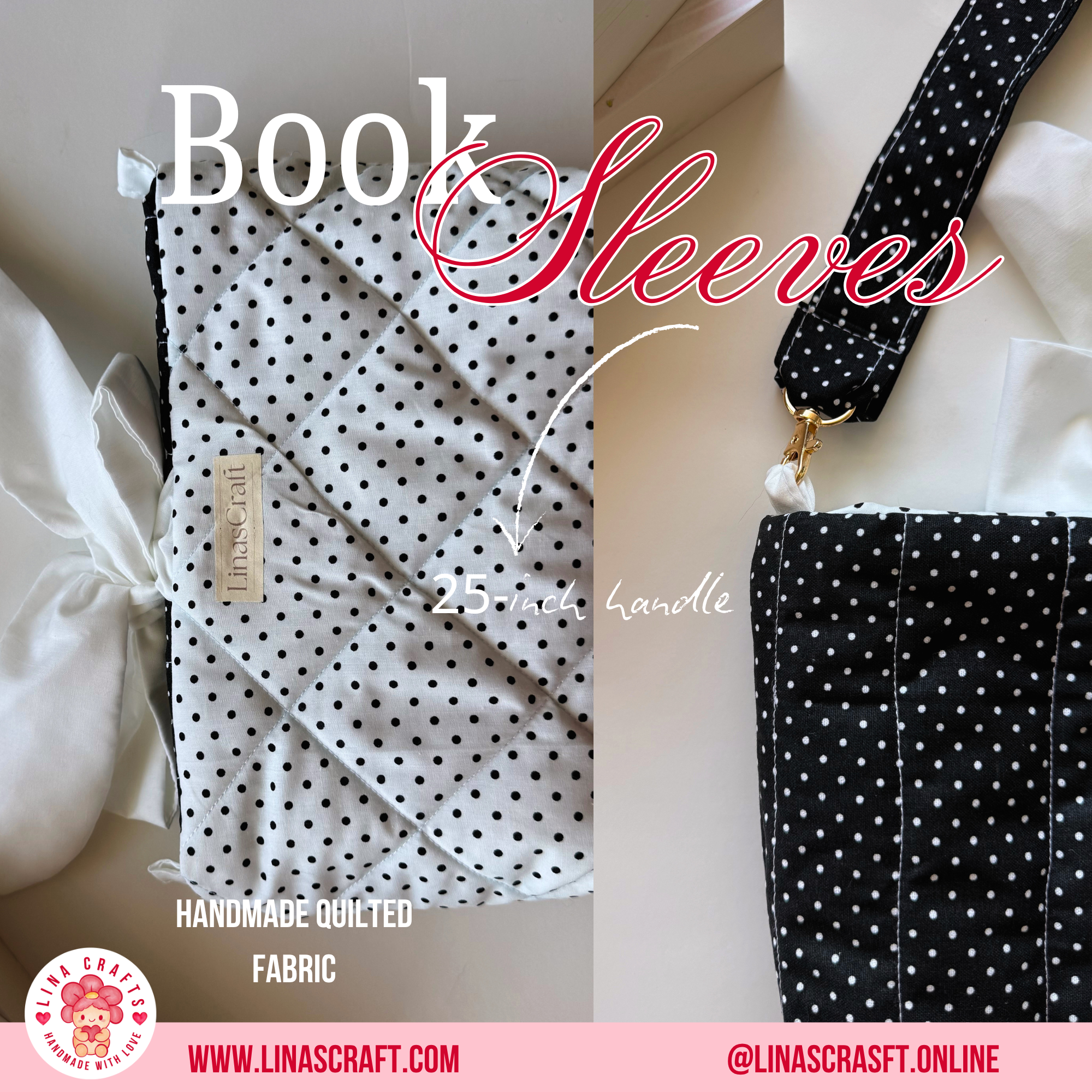 DOLLY DESIGN Quilted Book Sleeve Bag, Reversible Book Cover with Handle, Cute Aesthetic Book Lover Gift, Handmade Reader Accessory