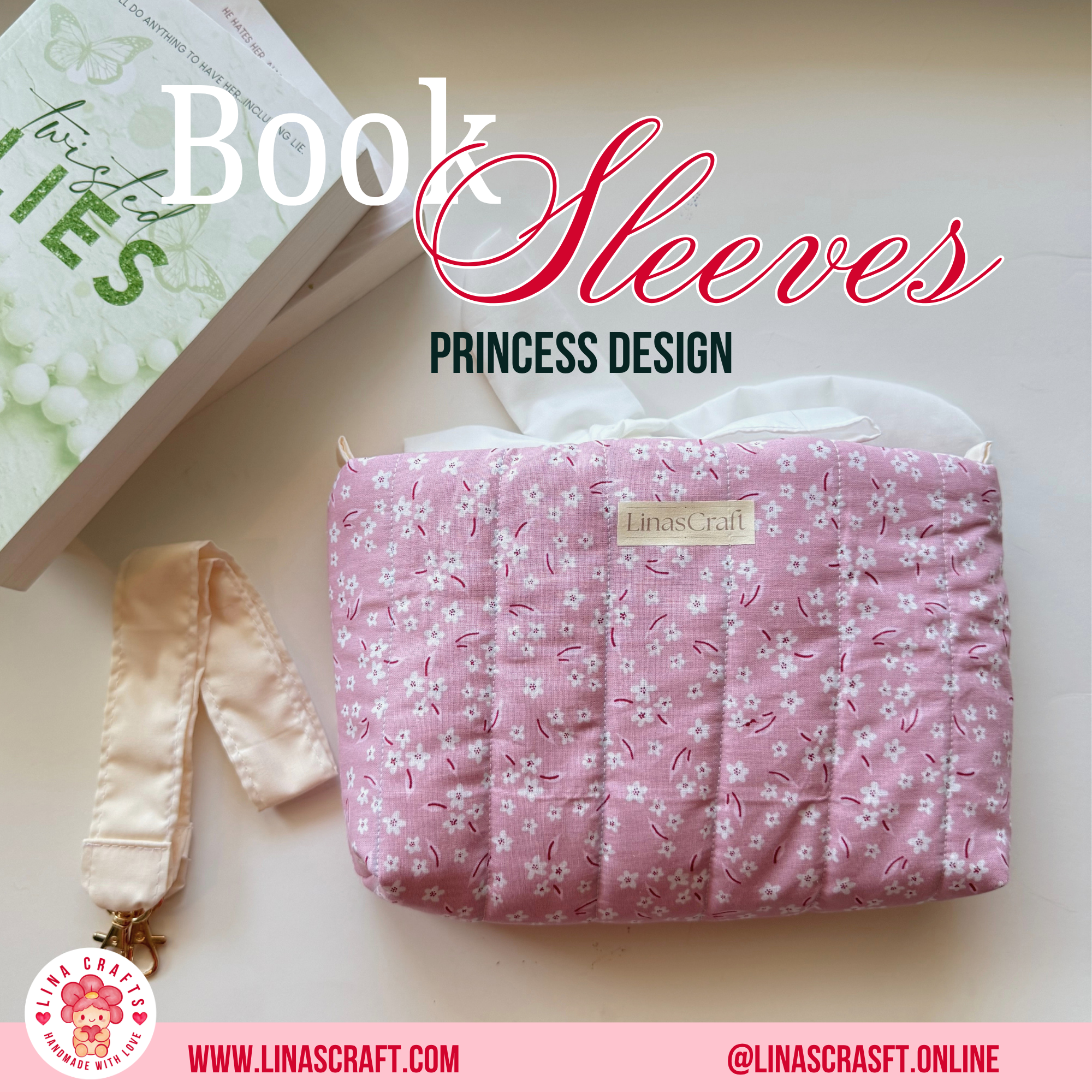 PRINCESS DESIGN Quilted Book Sleeve Bag, Reversible Book Cover with Handle, Feminine Aesthetic Book Lover Gift, Handmade Reader Accessory